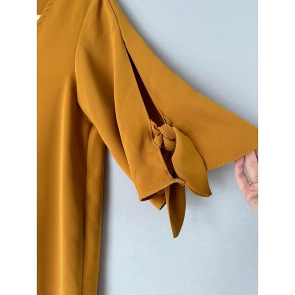 Everly Mustard Yellow bow sleeve dress Small Mini Shift Dress - Picture 2 of 6